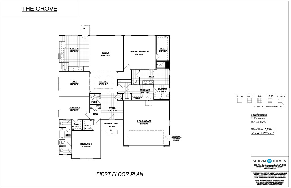 A detailed floor plan labeled "The Grove" showing rooms such as family, kitchen, laundry, mud, porch, foyer, and three bedrooms, including a master suite. Total area is 2,739 sq. ft. by Shurm Homes.