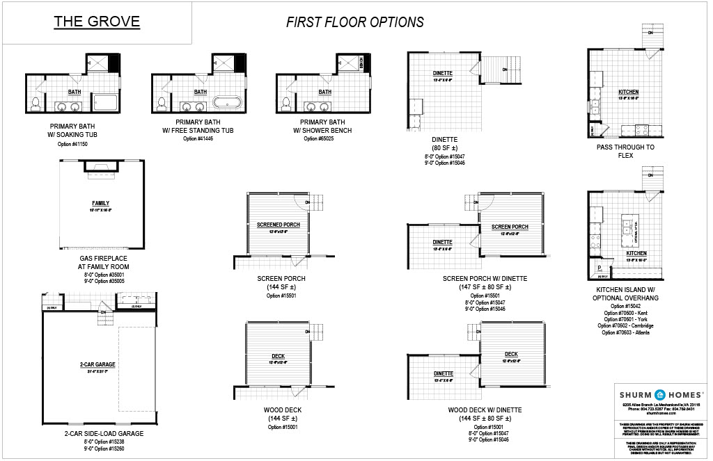 Blueprint of various first floor layout options for "The Grove" from Shurm Homes, showing configurations for bathrooms, dinettes, porch, deck, kitchen, and garage features.
