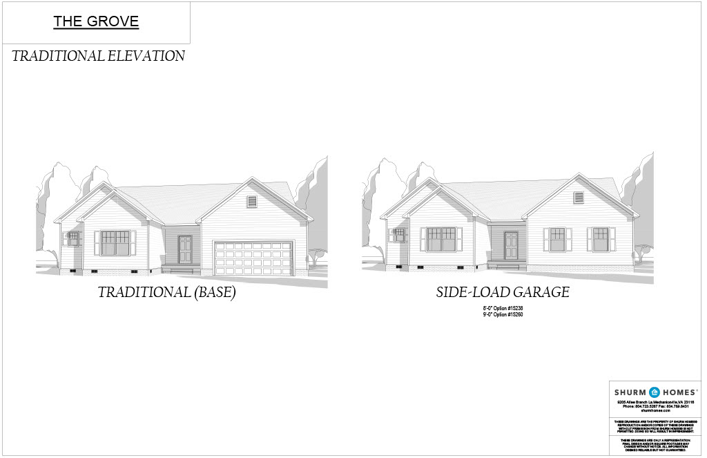 Architectural drawing showing two front views of a house from "The Grove." One version has a front-load garage labeled "Traditional (Base)," and the other has a side-load garage labeled "Side-Load Garage.