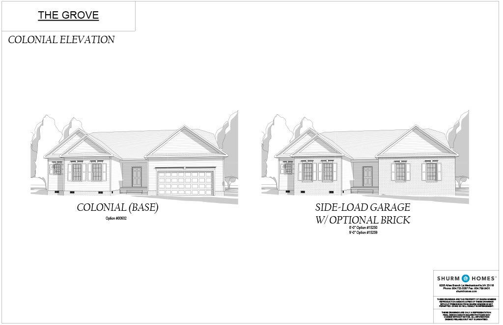 Architectural sketch showing two elevations of a house design labeled "The Grove - Colonial Elevation." The left image shows "Colonial (Base)," and the right shows "Side-Load Garage w/ Optional Brick.