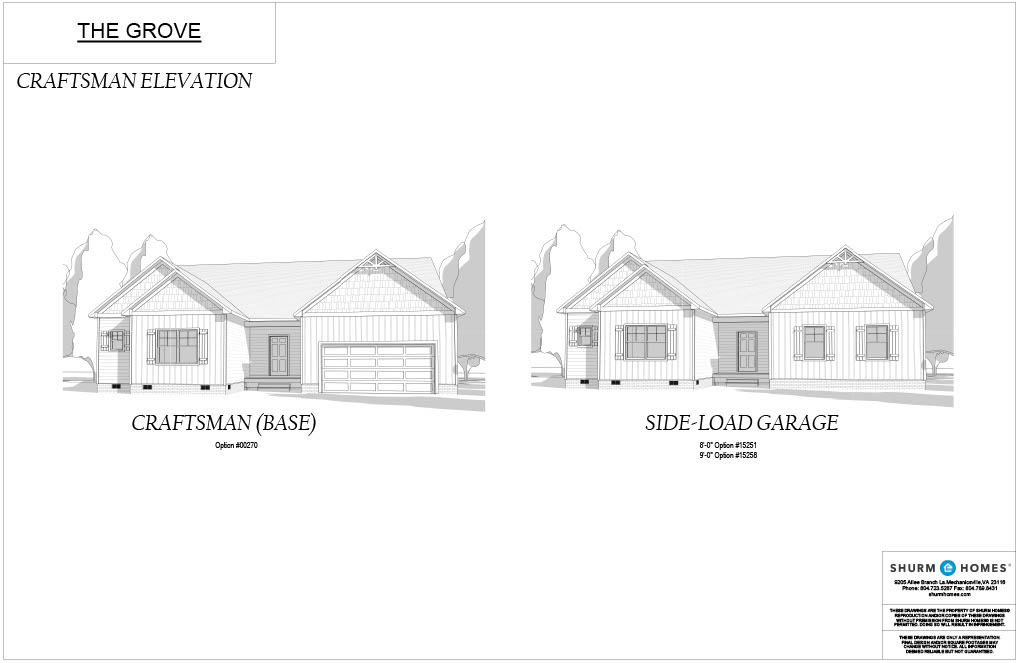 Architectural drawing of "The Grove" Craftsman elevation with two versions: a front view labeled "Craftsman (Base)" featuring a front-loading garage and a side view labeled "Side-load Garage.
