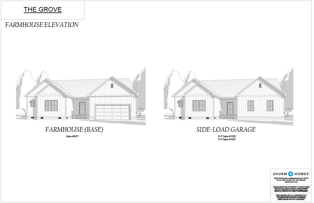 Two black and white illustrations of a farmhouse-style house. One shows the front elevation labeled "Farmhouse (Base)," and the other shows a side-load garage version labeled "Side-Load Garage.