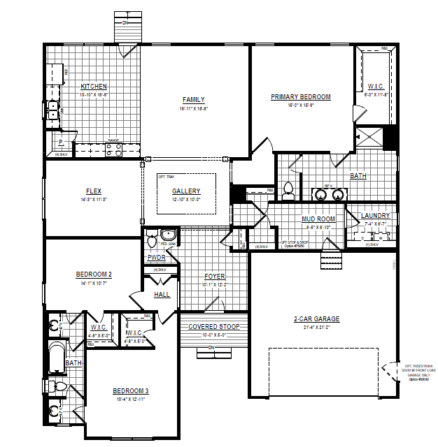 Black and white floor plan showing three bedrooms, kitchen, family room, garage, laundry, and bathrooms.