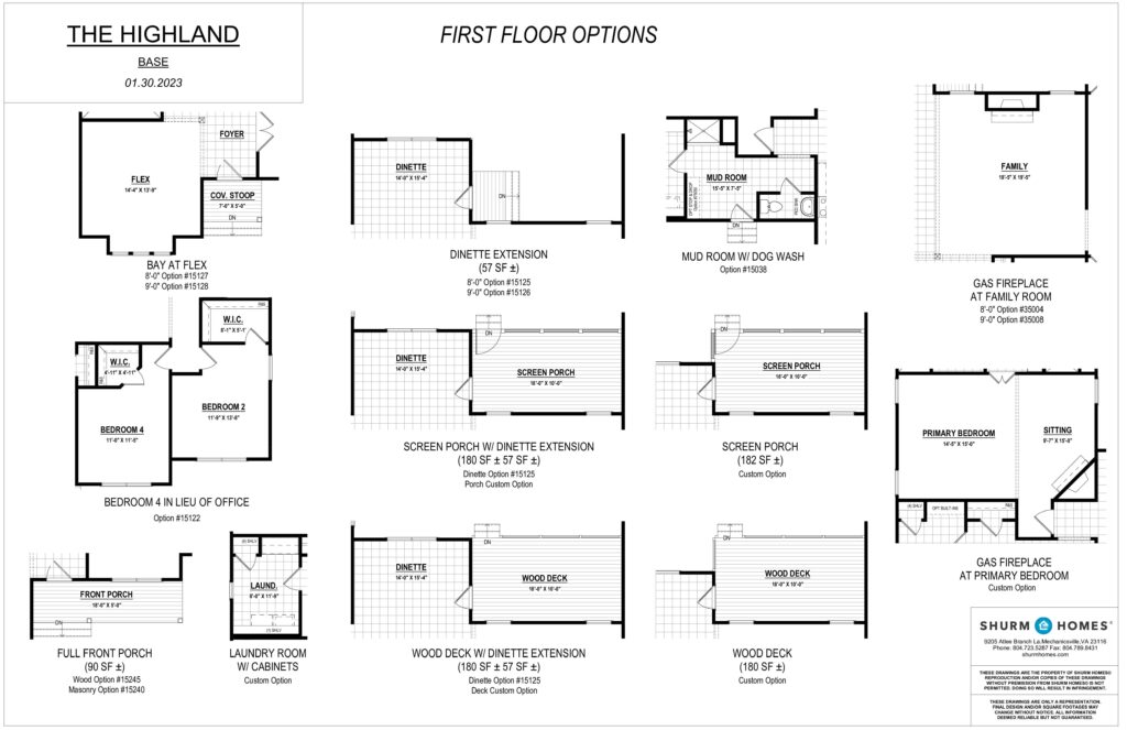 Blueprint showcasing various first-floor layout options for The Highland home design by Shurm Homes, inspired by the elegance of highland travel.