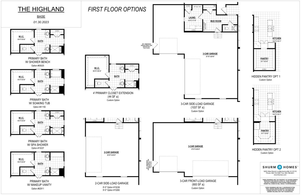 The Highland blueprint offers diverse first-floor configuration options, showcasing versatile garage and bathroom layouts tailored to your needs.