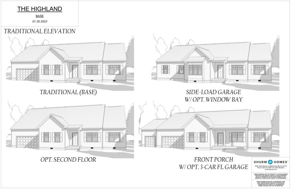 Floor plan elevations for The Highland model highlight its signature traditional design, featuring a side-load garage and optional second-floor layout. Enjoy the charm of various front porch styles available to enhance your Highland home.