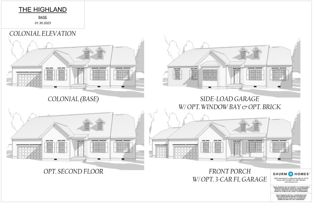 Architectural designs illustrating various elevations of a Highland house, complete with options for a garage and extra floors, capturing the essence of travel-inspired elegance.