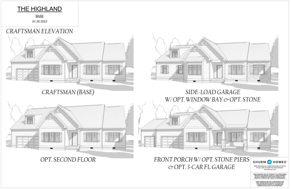The architectural plans of The Highland House showcase various options, including a Highland-inspired garage, porch, and second floor design.