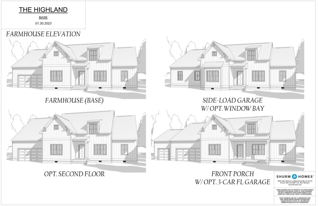 Highland-inspired architectural plans for a farmhouse showcase various elevations and options, including garages and a second floor.