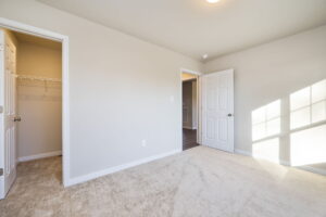 Bright, empty bedroom with beige carpet, white walls, closet, and sunlight streaming through a window.