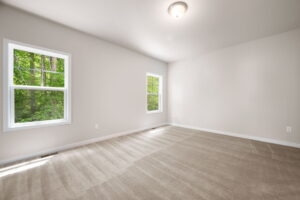 An empty room with beige carpeting, light gray walls, and two windows showing green trees outside. the ceiling has a simple light fixture.