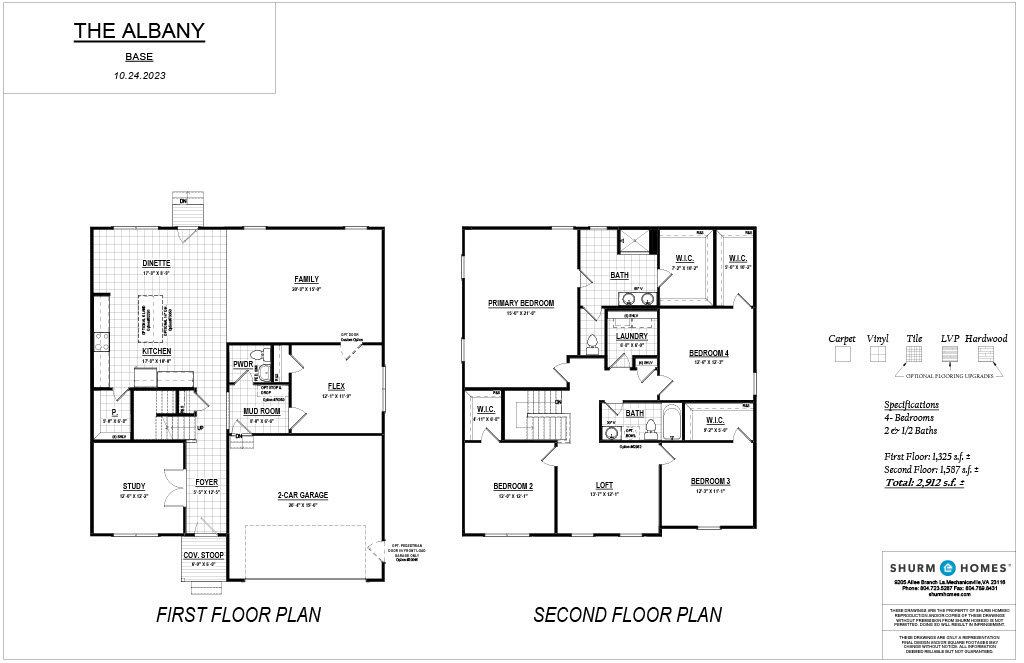 The image shows architectural floor plans for a house named "The Albany." It includes detailed layouts of the first and second floors, indicating rooms, dimensions, and specifications.