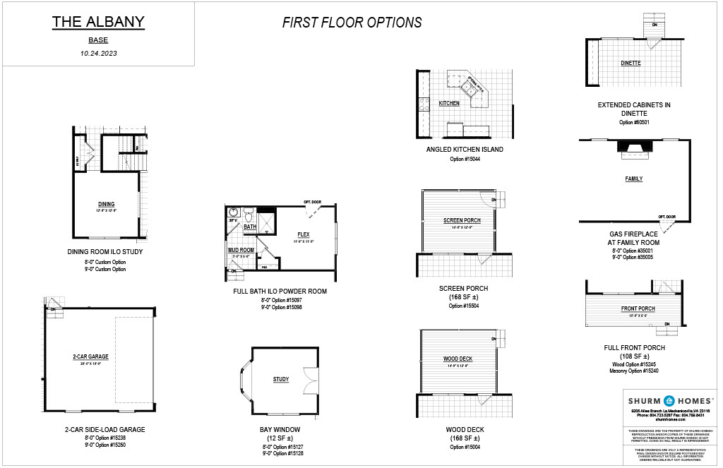 Floor plan titled "THE ALBANY," dated 10-24-2023, showing various first floor options including a study, power room, porch, deck, bay window, extended cabinets, gas fireplace, and a two-car garage.
