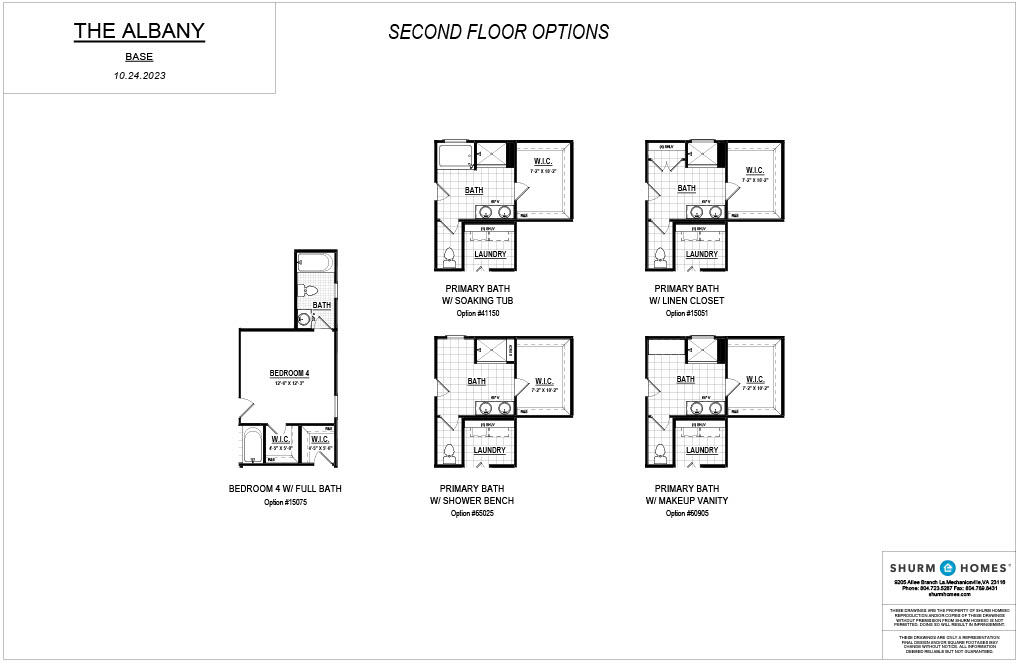 Blueprint showing five second-floor design options for "The Albany" base model, each with different bathroom and bedroom layouts including variations with soaking tub, shower bench, linen closet, and makeup vanity.