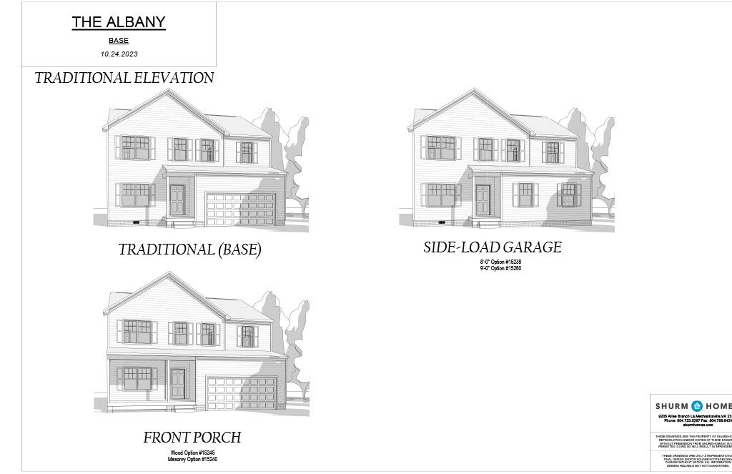 Black and white architectural drawings of a two-story house labeled "The Albany." Included are front views: Traditional Elevation, Side-Load Garage, and Front Porch.