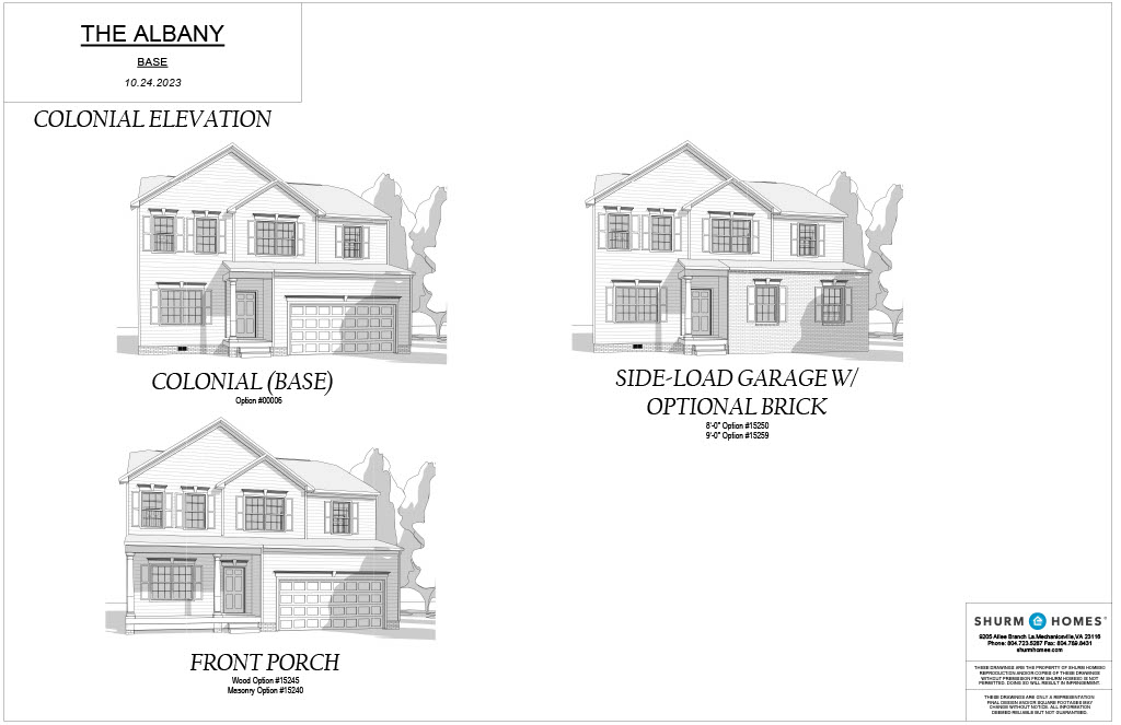 Architectural drawings of "The Albany" house plan. Three variations shown: "Colonial (Base)," "Side-Load Garage w/ Optional Brick," and "Front Porch." Each variation includes dimension details.