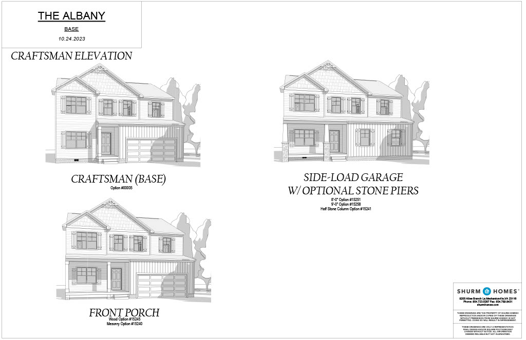 Architectural plans for "The Albany" home model showing different elevation options: Craftsman (Base), Side-Load Garage with Optional Stone Piers, and Front Porch. Dated 10.24.2023 by Shurm Homes.
