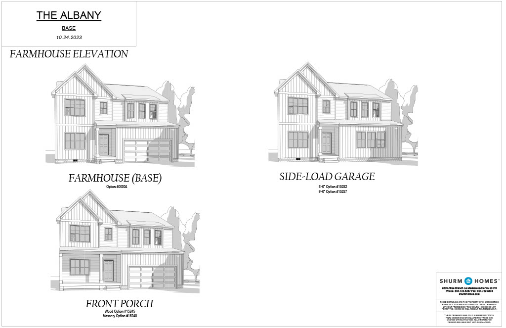 Architectural design of "The Albany." Features include a farmhouse elevation with base and optional front porch, and a side-load garage. Shurm Homes branding on the bottom right.