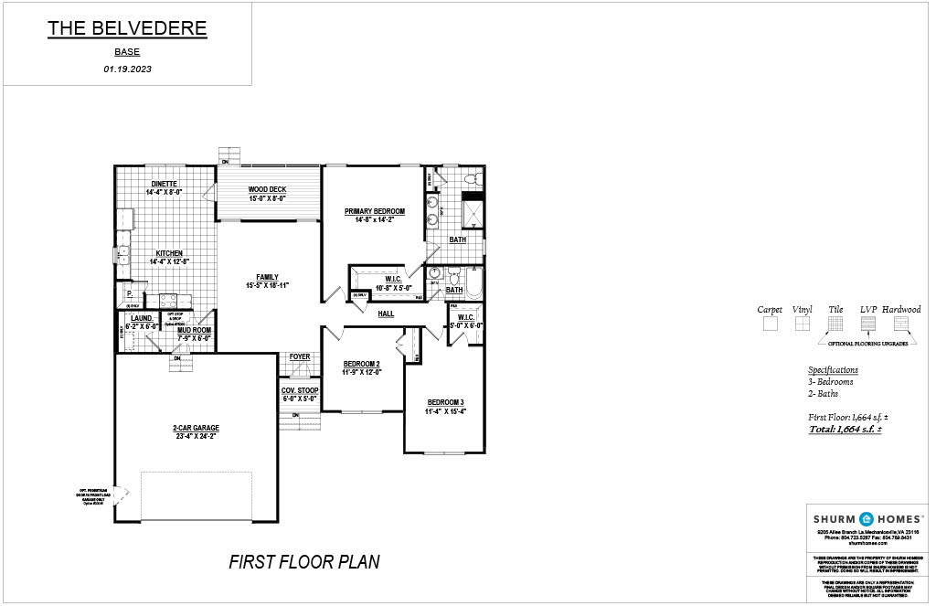 A floor plan titled "The Belvedere" shows the layout of the first floor, with 3 bedrooms, 2 bathrooms, a garage, a kitchen, dining room, and living areas. Date marked 01.19.2023 by Shurm Homes.