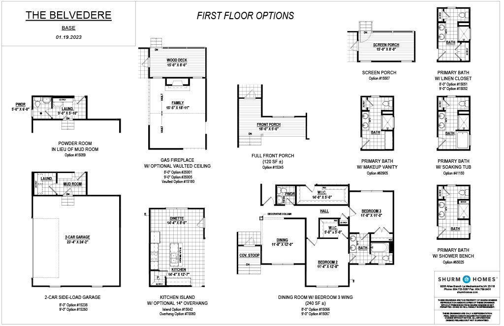 Floor plan for "The Belvedere" first floor options, featuring rooms such as the primary bath, kitchen, dining room, garage, and various porch configurations. Includes measurements and layout details.