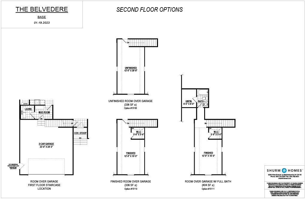 Blueprint of The Belvedere's second floor options, dated 01.19.2023, showing layouts for unfinished room over garage, finished room over garage, and room over garage with full bath. Shurm Homes logo included.