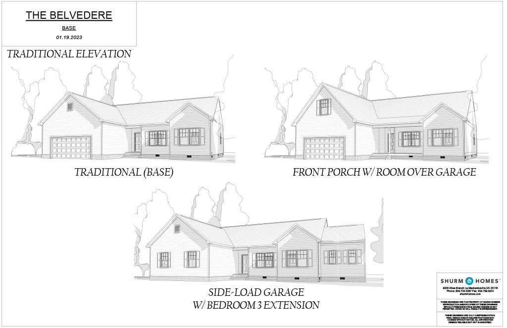 Architectural illustration showing three exterior designs of "The Belvedere" house plan: Traditional (Base), Front Porch with Room Over Garage, and Side-Load Garage with Bedroom 3 Extension.