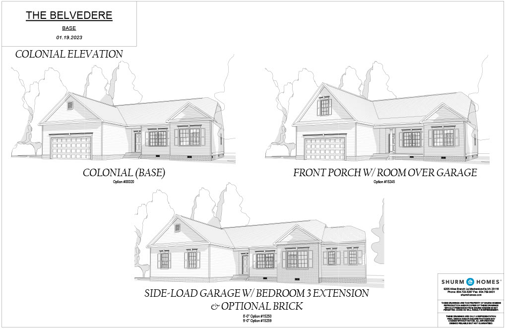 A blueprint titled "The Belvedere" dated 01/10/2023 showing three house designs: Colonial Base, Front Porch with Room Over Garage, and Side-Load Garage with Bedroom Extension and Optional Brick.