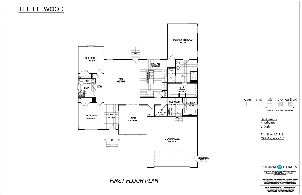 A floor plan labeled "The Ellwood" showing a 3-bedroom, 2-bathroom layout. Features include a garage, family room, dining room, kitchen, pantry, and laundry room. Total area: 1,989 sq. ft.