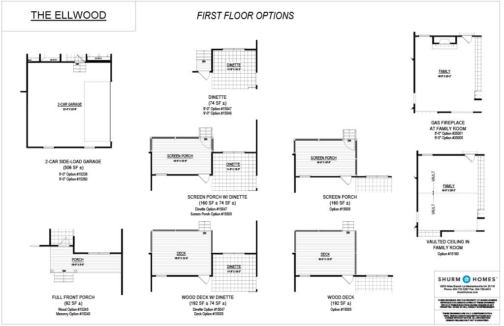 Blueprint showing the first floor options for 'The Ellwood'. Includes variations for garages, porches, decks, and room arrangements. Provided by Shurm Homes.