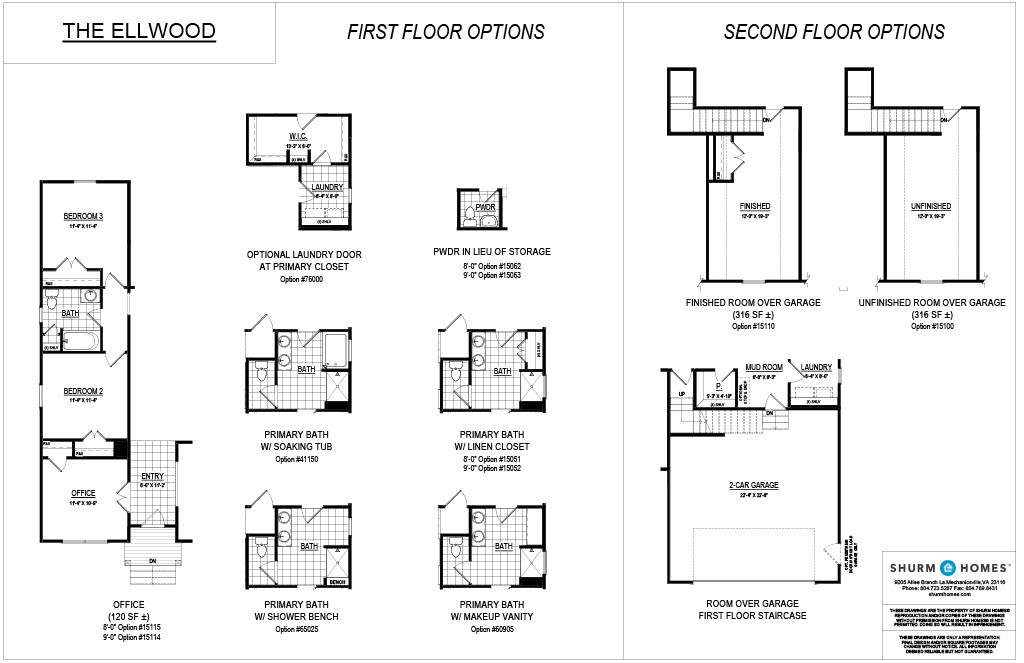 A blueprint showing first and second floor layout options for "The Ellwood" home design by Shurm Homes. The first floor includes offices, bedrooms, and bathrooms, with the second floor featuring additional rooms.