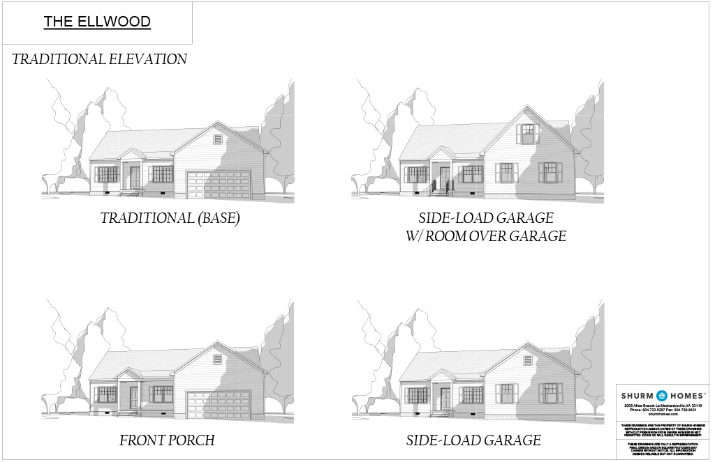 The image shows four architectural elevations of 'The Ellwood' house: Traditional (Base), Side-Load Garage with Room Over Garage, Front Porch, and Side-Load Garage, with Shurm Homes branding.
