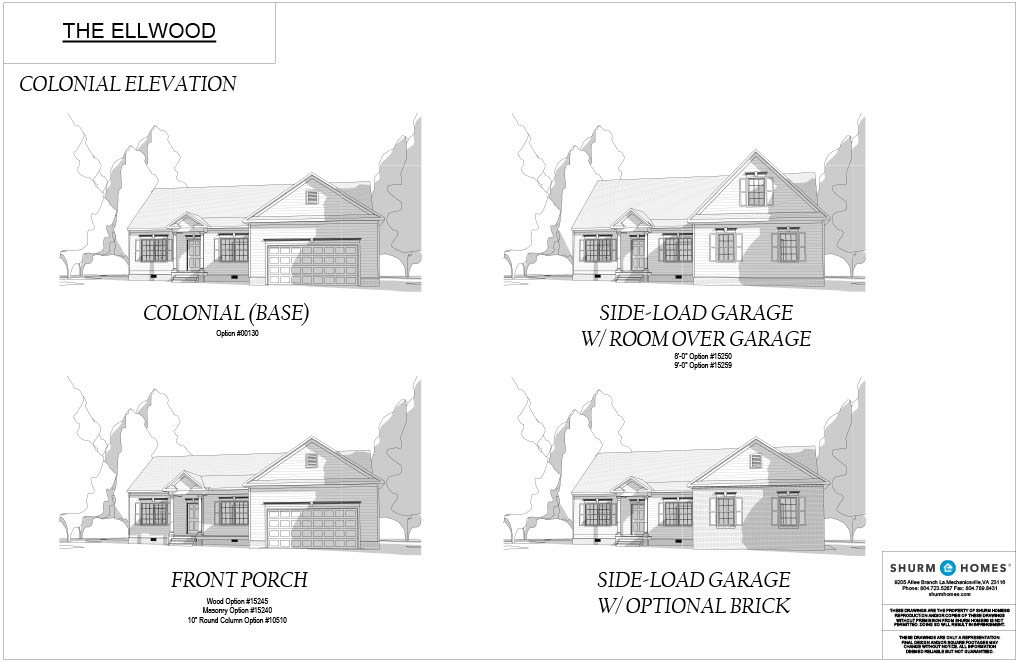 Architectural drawing of "The Ellwood" house models, featuring four elevations: Colonial (Base), Side-Load Garage with Room Over Garage, Front Porch, and Side-Load Garage with Optional Brick.