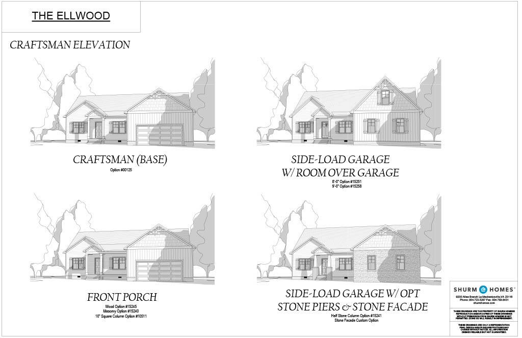 Black and white architectural elevations for "The Ellwood" showing four options: Craftsman Base, Front Porch, Side-Load Garage with Room Over Garage, and Side-Load Garage with Optional Stone Piers and Stone Facade.