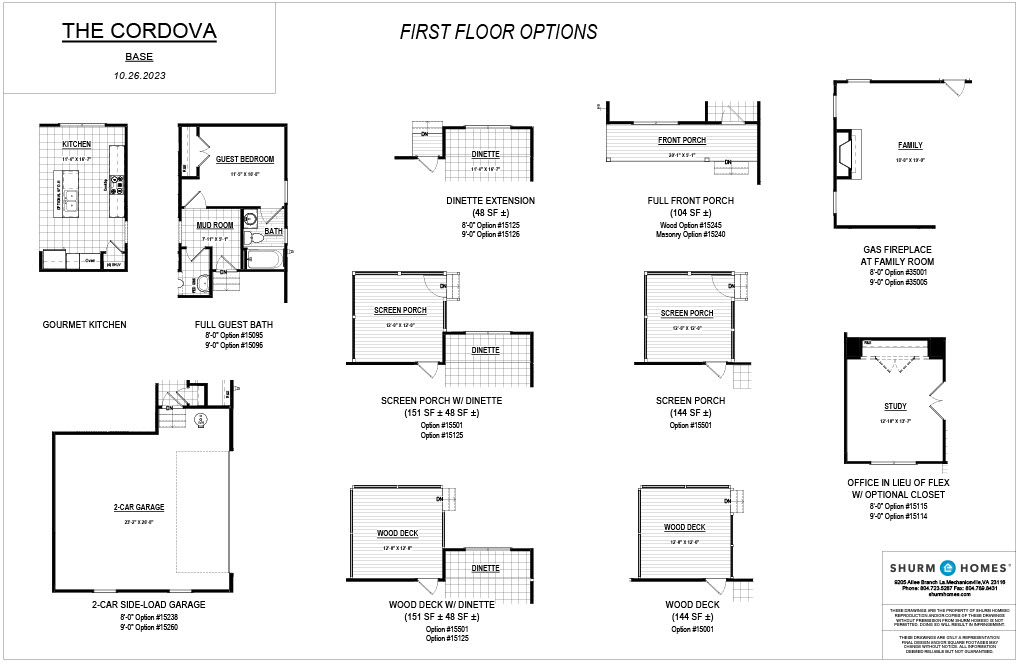 Detailed floor plan for "The Cordova" by Shurm Homes, including base layout and multiple first-floor options such as a gourmet kitchen, 2-car garage, various porches, gas fireplace, and optional office.