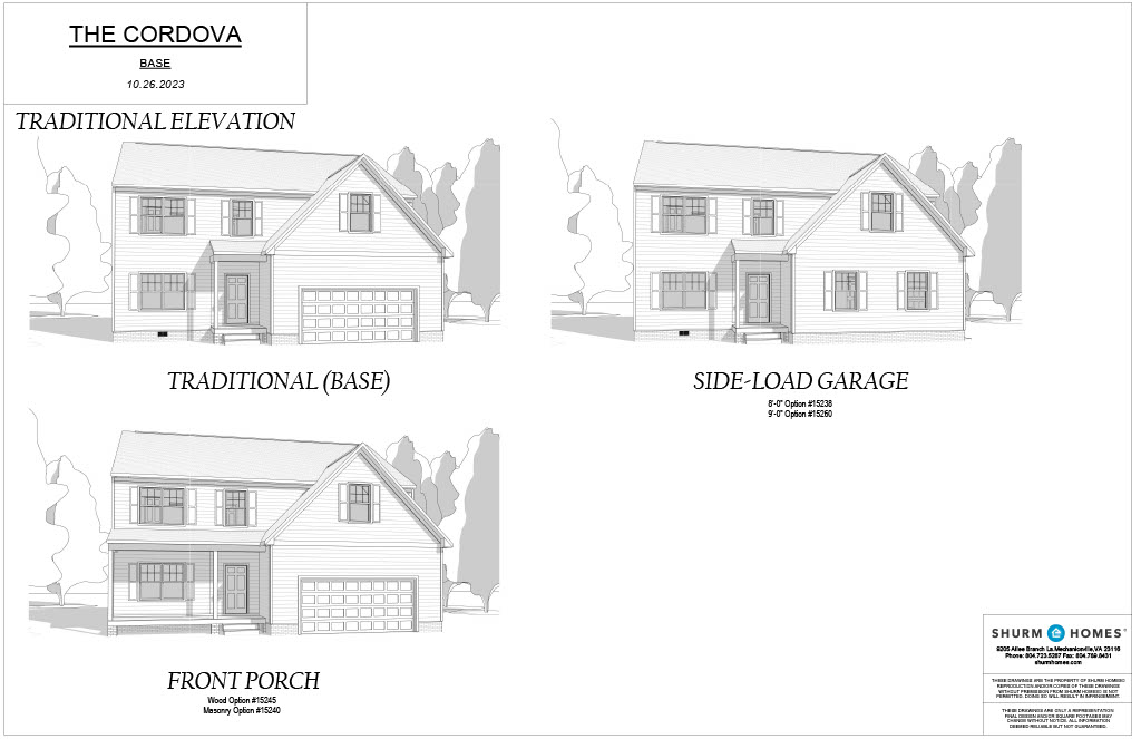 Blueprint of a house named "The Cordova" with Traditional Elevation, Side-Load Garage, Front Porch, and BASE options. It includes various external designs and features for the house.