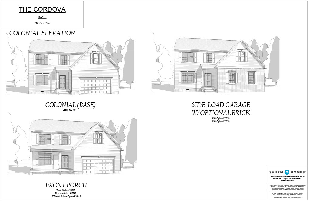 Blueprint diagram of "The Cordova" house model showing different elevations: Colonial Base, Front Porch, and Side-Load Garage with Optional Brick. Includes date and Shurm Homes logo.