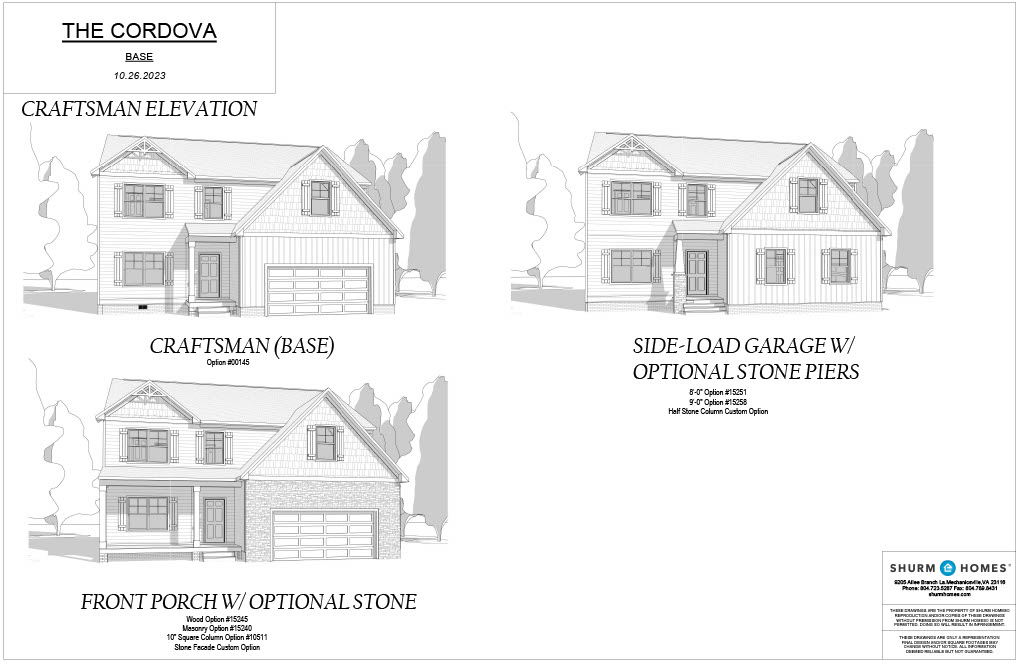 Blueprints of "The Cordova" house model, showcasing Craftsman elevation, Side-Load Garage with Optional Stone Piers, and Front Porch with Optional Stone features. Shurm Homes logo in the bottom right corner.