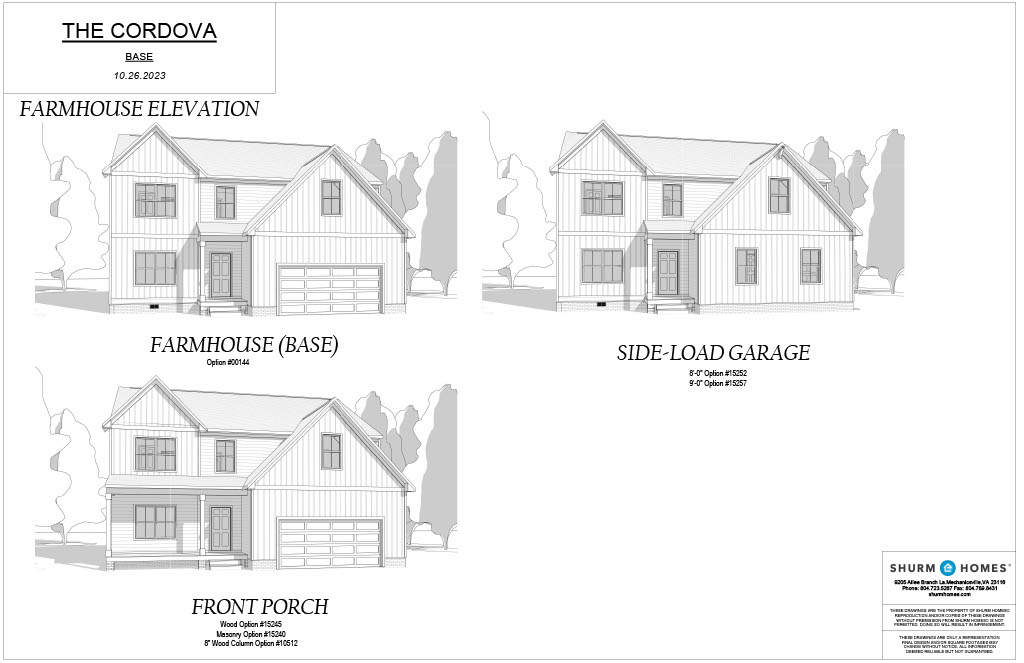 Architectural drawings of "The Cordova" house featuring three elevations: farmhouse elevation, farmhouse (base) with an optional front porch, and side-load garage. Each plan includes specific square footage.