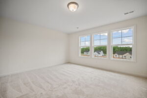 An empty, carpeted room with three large windows showing a view of houses and trees outside. A ceiling light fixture is centered on the white ceiling. The walls are painted light beige.