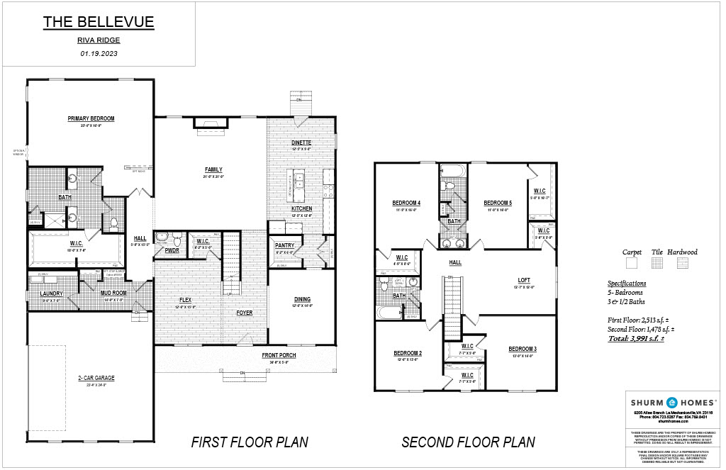 Architectural floor plan of a two-story house named "The Bellevue." It includes a first floor with a garage and living spaces, and a second floor with five bedrooms and additional living areas.