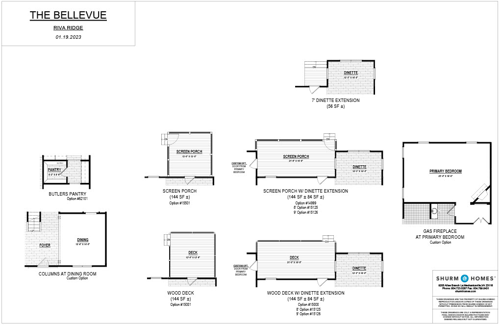 Architectural floor plan for "The Bellevue" by Shurm Homes, showing various room layouts and extensions, including porches, deck, primary bedroom, and dining room columns.