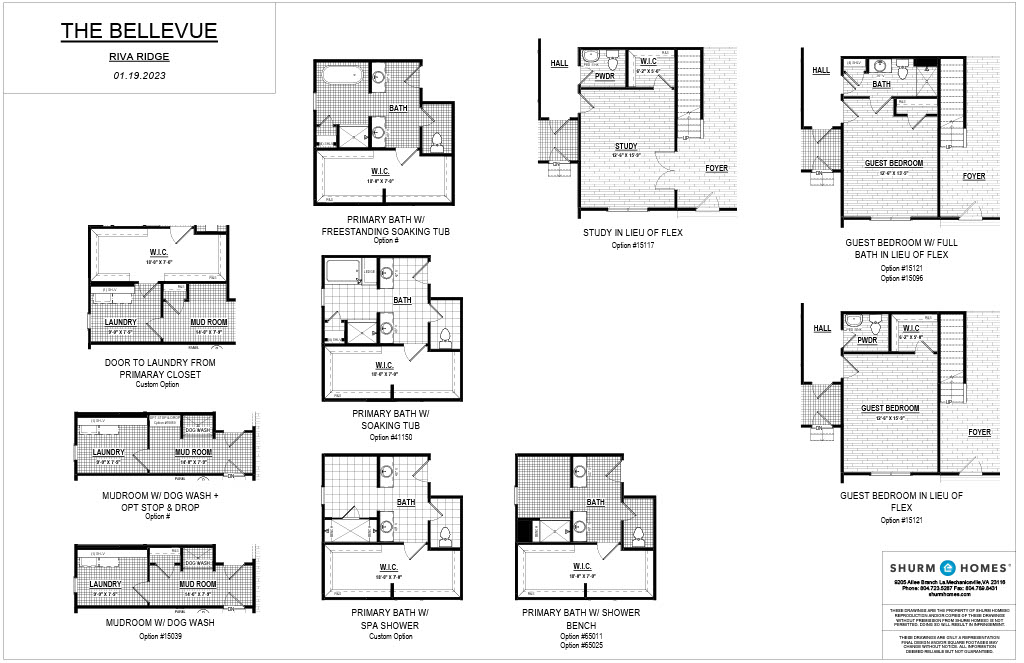 Floor plan layouts for "The Bellevue" home model at Riva Ridge, showing various room configurations including bathrooms, study, guest rooms, and mudroom options.