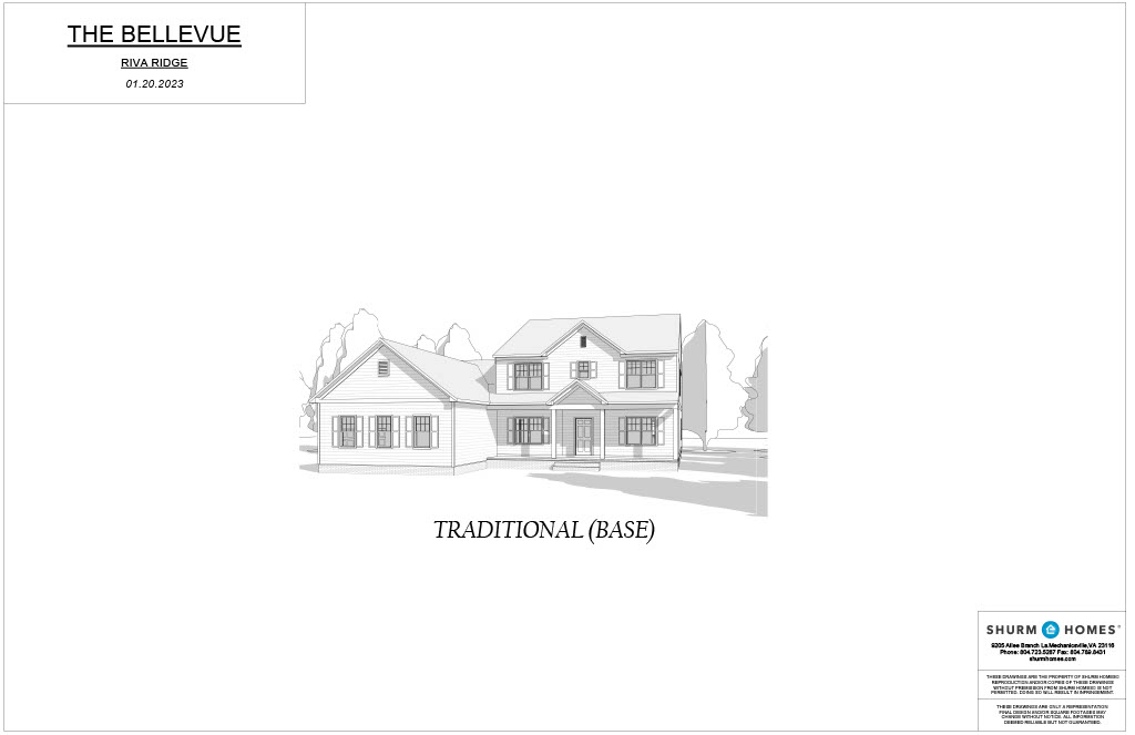Architectural drawing of a two-story house labeled "The Bellevue." The design is labeled "Traditional (Base)" and includes text details about Shurm Homes.