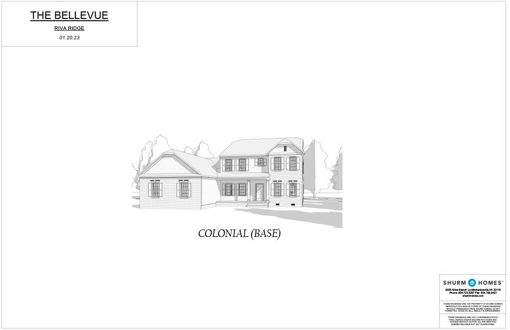 Black and white architectural rendering of a two-story colonial-style house with a garage labeled "THE BELLEVUE" and "COLONIAL (BASE)" at the top. Logo and text in the corners.