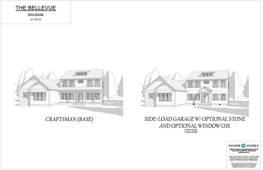 Two architectural drawings of "The Bellevue" house model: one with a craftsman base and another with a side-load garage, optional stone, and window options.