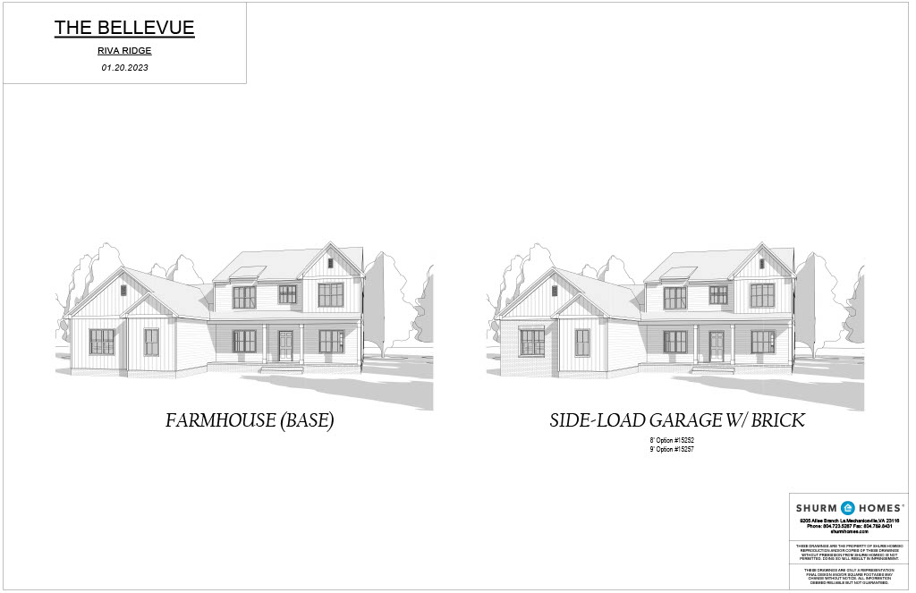 Architectural design comparison of two house styles: "Farmhouse (Base)" and "Side-load Garage w/ Brick," from Shurm Homes, dated 01.10.2023, titled "The Bellevue.