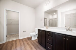Modern bathroom with double vanity, large mirror, toilet, and a visible shower enclosure, adjacent to a walk-in closet.