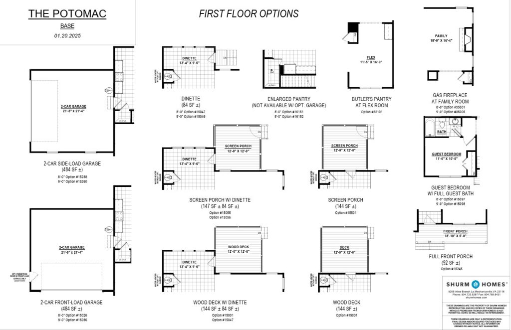 Floor plan options for The Potomac base, including garage, dinette, porches, decks, and guest room layouts.