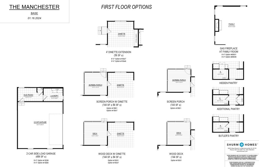 Floor plan options for The Manchester first floor, including porches, decks, fireplaces, and pantries.