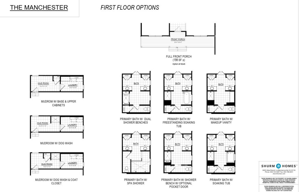 Floor plan options for the Manchesters first floor, featuring mudrooms and various bathroom layouts.